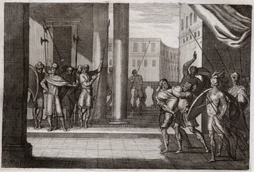 Bible of Royaumont, Det Gamle Testamente: Dina gik ud af nysgerrighed for at se kvinderne i Sikem (eller Sikem), og kongen af den by havde gjort ham til vold, hans brødre tog hævn og dræbte alle Sikems folk med kongen. Illustration fra 1811.