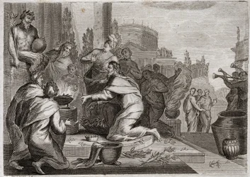 Bible of Royaumont, Gamle Testamente: Salomons fald. Salomo er fordærvet af kvinder og ofrer røgelse til de falske guders afguder. Hans død. Illustration fra 1811.