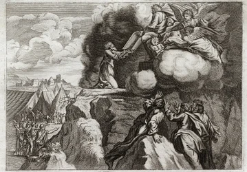 Bible of Royaumont, Det Gamle Testamente: Lovens første tabeller. Gud giver loven til sit folk på Sinajbjerget. Moses modtager de 10 bud fra Guds hænder. Illustration fra 1811.