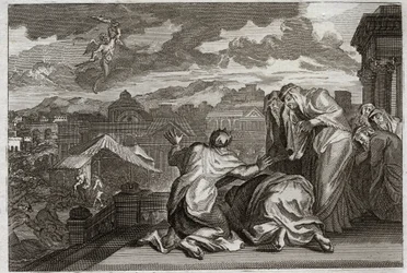 Bible of Royaumont, Gamle Testamente: Fleau of the Pest. Og da David gjorde skyggen af hele sit folk ved en forfængelig bevægelse, plager Gud sit rige med en pest, som tager halvfjerds tusinde mand på tre dage. Illustration fra 1811.