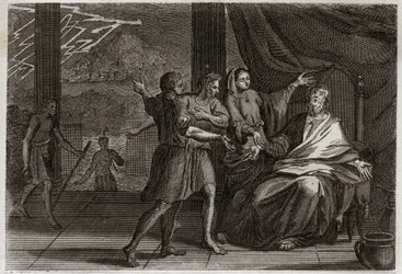 Bible of Royaumont, Gamle Testamente: Jobs venner. Job i stedet for at blive trøstet af tre prinser, modtog hans venner, der kommer for at se ham, kun sorg, fordi de ville få ham til at se skyldig ud. Illustration fra 1811.