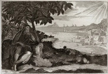 Bible of Royaumont, Gamle Testamente: Ivy desseche. Gud viser ved et følsomt eksempel til sin profet Jonas, hvor meget han elsker mænd, og hvor meget smerte han lider, når han er tvunget til at straffe dem. Illustration fra 1811.