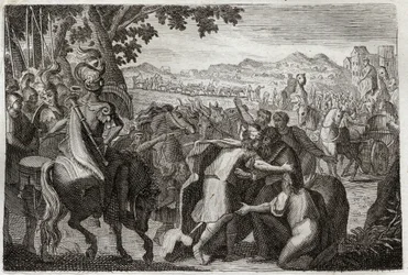 Bible of Royaumont, Gamle Testamente: Jakob tager til Egypten. Jakob vil finde Josef med hele hans familie. Illustration fra 1811.