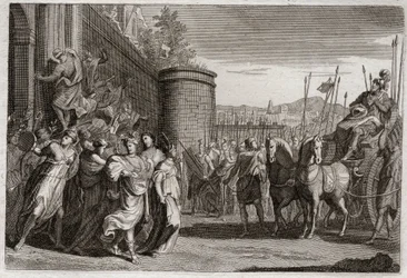 Bible of Royaumont, Gamle Testamente: Jephte ofrer sin datter. Jephte, en af Israels dommere, svor at ofre til Gud den første person, der ville komme til ham efter hans sejr mod ammonitterne. Det var hans datter. Illustration fra 1811.