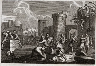 Bible of Royaumont, Det Gamle Testamente: Jerusalem-rabat. Kong Artaxerxes I sendte Nehemia til Jerusalem med tilladelse til at gøre oprør mod alle dens mure. Illustration fra 1811.