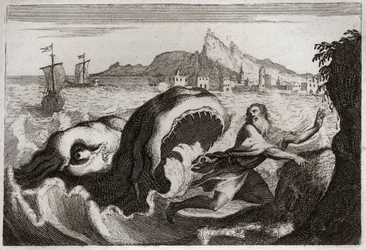 Bible of Royaumont, Gamle Testamente: Jonas i hvalen. Profeten Jonas bor i en hval og kommer ud i live. Illustration fra 1811.