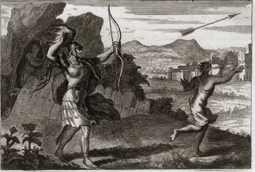 Bible of Royaumont, Det Gamle Testamente: Jonathan og David. Og da Jonatan så sin fars bitterhed, advarede Saul ham om at trække sig tilbage. Illustration fra 1811.