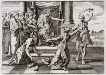 Bible of Royaumont, Gamle Testamente: Salomons dom. Salomons berømte dom mellem to kvinder, for at erkende hvem af de to der var mor til et barn, som begge hævdede at være hende. Illustration fra 1811.