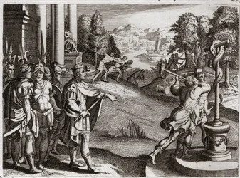 Bible of Royaumont, Gamle Testamente: Kong Ezechias. Ezekias, Judas konge, anvender tilbedelsen af Gud og forårsager de afguder, som hans folk tilbad, før de blev konge. Illustration fra 1811.