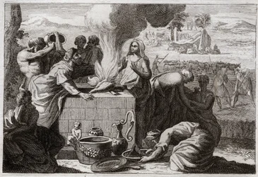 Bible of Royaumont, Det Gamle Testamente: Loth skilles fra Abraham. Der opstod en strid mellem Abrahams og Lots hyrder, og de skiltes fra hinanden, og Loth trak sig tilbage til Sodoma. Illustration fra 1811.
