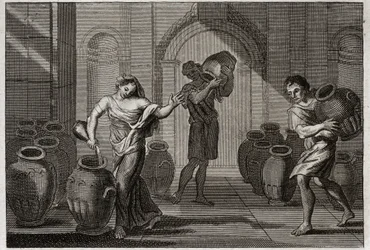 Bible of Royaumont, Gamle Testamente: Miracle of Elisee. En forpint enke fra hendes creancers, ved hjælp af Elisees velgørenhed, befalede denne profet hende at låne mange kar fra disse naboer, som hun fyldte med olie med en lille rest, som hun havde i sin 