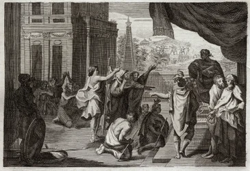 Bible of Royaumont, Det Gamle Testamente: Moses før Farao. Moses beder Farao om at lade hebræerne gå ud i ørkenen for at ofre til Herren. Illustration fra 1811.