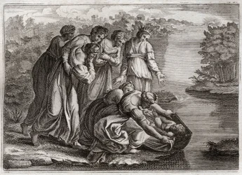 Bible of Royaumont, Det Gamle Testamente: Moses redder vandet. Faraos datter trak Moses tilbage fra Nilens vande og adopterede ham til sin søn. Illustration fra 1811.