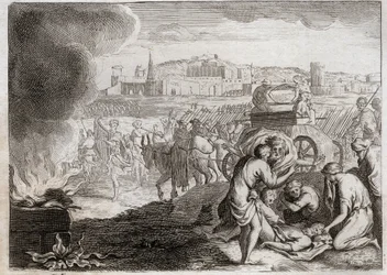 Bible of Royaumont, Det Gamle Testamente: Oza slår med Gud. David ønsker at bringe Pagtens Ark hjem. Oza døde, som lagde sin hånd der for at forhindre ham i at falde. Illustration fra 1811.