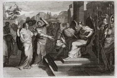 Bible of Royaumont, Gamle Testamente: Piete af Josaphat. Josafat, Judas frommeste konge, får alle de fyrster, der er omkring ham, til at ryste og vidner på forskellige måder om sin fromhed mod Gud, hvilket gjorde ham til sejr over sine fjender. Illustr