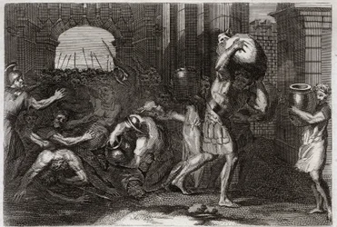 Bible of Royaumont, Gamle Testamente: Forudsigelse af Elisee. En Samarias Herre, efter at have vildledt Eliseas ord, er overfyldt ved hans fødder. Illustration fra 1811.