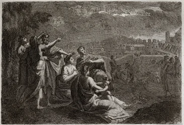 Bible of Royaumont, Det Gamle Testamente: Forudsigelser om Jerusalem. Gud har opgivet våben i luften over Jerusalem for at forgribe sig over det onde, der skulle smelte over hende. Illustration fra 1811.