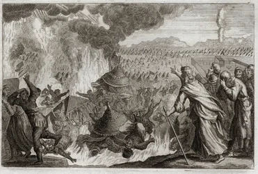Bible of Royaumont, Det Gamle Testamente: Straf for himmelsk ild. Core (Kore), Dathan (Datan, Nathan) og Abriron (Abiram), der mumler mod Moses og påvirker herskeren Pretrise, bliver alle ødelagt i live, og jorden åbner sig for at fortære dem. Afsnit af