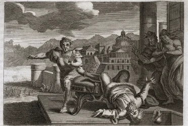 Bible of Royaumont, Gamle Testamente: Straf af Heli. Gud, for at straffe den store præst Heli (Eli) for hans uagtsomhed i at overtage sine børns ordrer, tillader ham at falde fra sin stol og brække hovedet ved at høre nyheden om deres død