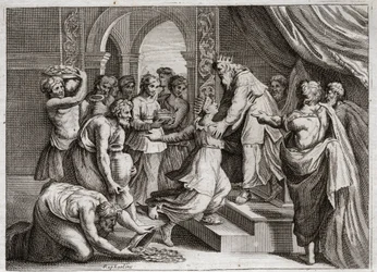 Bible of Royaumont, Gamle Testamente: Dronning af Saba. Dronningen af Saba kommer til Salomo for at lytte til hans visdom og give ham gaver. Illustration fra 1811.