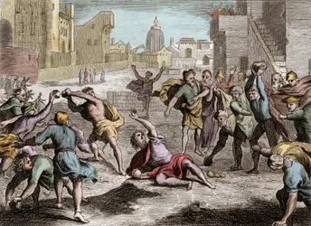 Bible of Royaumont, Det Gamle Testamente: Repræsentation af Rehabeams skisma, der delte Israels rige efter Salomons død - hans folk sender deputerede til Rehabeam hans fis, som foretrækker unge mænds råd frem for gamle mænds råd, mister kongedømmet