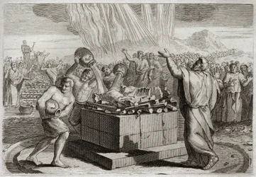 Bible of Royaumont, Gamle Testamente: Elias ofring. Og efter at have gjort den sande Gud kendt ved ildens mirakel, som kom ned fra himlen ved hans offer, befalede han folket at dræbe de fire hundrede og halvtreds præster af Ba