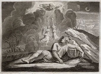 Bible of Royaumont, Gamle Testamente: Jakobs målestok. Jakob, der flygter fra Esaus vrede, lever og sover på en mystisk stige. Illustration fra 1811.