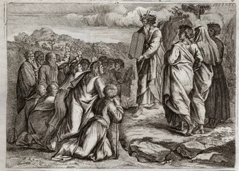 Bible of Royaumont, Det Gamle Testamente: Lovens anden tabeller. Gud giver Moses andre borde (Ti Bud), som folket modtager med respekt. Illustration fra 1811.