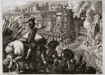 Bible of Royaumont, Gamle Testamente: Belejring af Jerusalem. Nebukadnezar II belejrede Jerusalem og indtog det og bragte al rigdommen og alle byens indbyggere til Babylon. Illustration fra 1811.