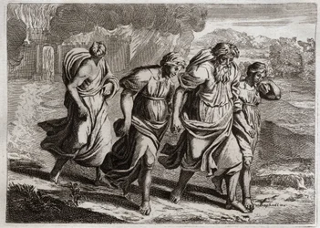 Bible of Royaumont, Gamle Testamente: Sodom brulee. Gud irriterer Sodomas afskyelige forbrydelser, brænder den sammen med de andre nabobyer, med en regn af ild og svovl, som han brænder fra himlen (Loth, hans døtre og hans kone flygter fra byen). Illustr