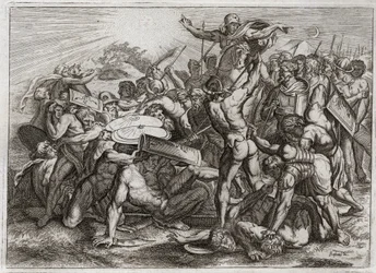 Bible of Royaumont, Gamle Testamente: Sun Stop. Joshua, der jagter sine amoritiske fjender (amorritter), får Solen til at stoppe, så han kan få mere tid til at fortryde dem. Illustration fra 1811.