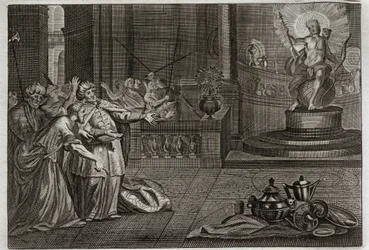 Bible of Royaumont, Det Gamle Testamente: The Idol of Bel. Daniel ødelagde idolet i Bel og dræbte en drage, som babylonierne tilbad. Illustration fra 1811.