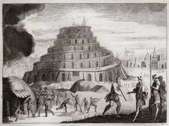 Bibelen fra Royaumont, Det Gamle Testamente: Babelstårnet. Mænd ønsker af forfængelighed at rejse et tårn til himlen. Gud forhindrer dette arbejde ved at forvirre deres tunger, så de ikke længere kan høre hinanden tale. Illustration fra 1811.
