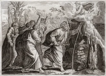 Bible of Royaumont, Gamle Testamente: Vand fra klippen. Moses bringer vand op af klippen og giver Israels folk en drink. Illustration fra 1811.