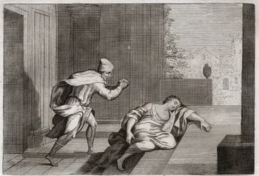Bible of Royaumont, Det Gamle Testamente: Kvinde af den forargede Levite. Levitens kone blev fundet død ved døren efter at være blevet misbrugt af bøller. Illustration fra 1811.