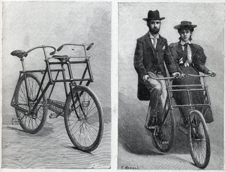 Cykel har to sæder fra fabrikationen "" Punnett Cycle"" uden og med cyklister. Indgravering i ""La Nature""
