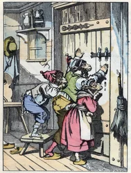 Biquets lytter til, hvem der banker på døren. Illustration af fortællingen "Compere le Loup, Maitre Renard, Comere la Chevre et ses petits biquets"" efter en fabel af Jean de la Fontaine. I “”Fortællinger fra hjemmet for de mindste””. Anonym gravering af 1