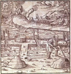 Bitumengendannelse. Georg Bauer "" Agricola De Re metallica"" bog fra det 15. århundrede. Bibl. ved Videnskabsmuseet, Milano.