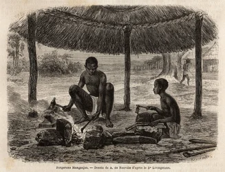 Smedemanganjaer (etnisk gruppe i Zambeze-regionen). Indgravering til illustration af Dr. Livingstones første rejser til det sydlige Afrika fra 1840 til 1856, i "Le tour du monde, nouveau journal des voyages"" udgivet under ledelse af Edouard Charton