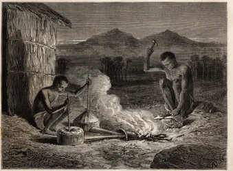 Smede i Simiango, ved bredden af Zambese-floden. Indgravering til illustration af Dr. Livingstones første rejser til det sydlige Afrika fra 1840 til 1856, i "Le tour du monde, nouveau journal des voyages"" udgivet under ledelse af Edouard Charton