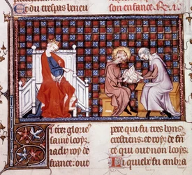 Blanche de Castille, dronning af Frankrig (1188-1252), leder uddannelsen af sin søn Louis IX (1214-1270) (Saint Louis Miniature fra et manuskript "Life and Miracles of Saint Louis" af William af Saint Pathus