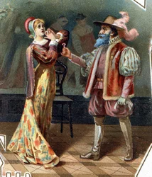 Blåskæg. Eventyr af Charles Perrault. 1697. Kromolitografi fra slutningen af 19. århundrede. Mærkat «Til lav pris». «Blåskæg forhører sin hustru, som forsøgte at komme ind i kabinettet, hvor Blåskægs hustruer blev myrdet.»