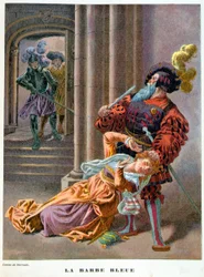 Blåt skæg (overrasket over at tage en kvinde i håret). 1800-tals illustration.