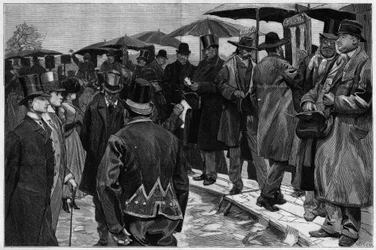Bookmakere på væddeløbsbanen i Auteuil, før strejkerne blev fjernet, i "" Le Monde Illustré"" 1887.