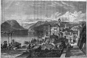 Borromees-øerne i Lago Maggiore (Lago Maggiore i Lombardiet) i Italien: Udsigt over Isola Bella (Ila-Bella). Gravering i "" L