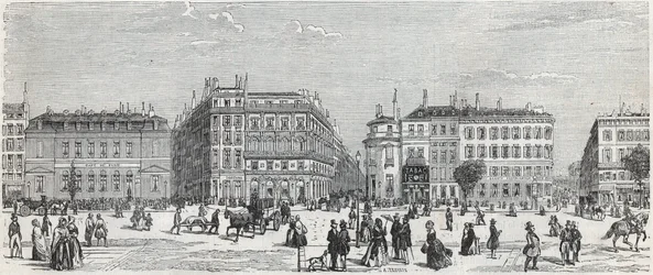 Boulevard des Italians med café de Paris, rue Taitbout, house doree, rue Lafitte, cafe Riche og rue Lepelletier - Indgravering i "Tableau-de-Paris" af Edmond Texier 1852