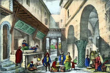 Butikker i en gade i Algier. i "Ancient and Modern Algeria"" af Léon Galibert. Italiensk udgave i 1846 farve.