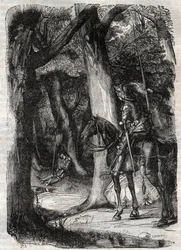 Bradamante apercoit Pinabel (Pinabello) - gravering af 1851 fra "" Furious Orlando" (1500-tallet) af Ludovico Ariosto, kendt som Ariosta - Udgave oversat fra italiensk af greven af ​​Tressan og udgivet af Gustave Harvard