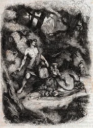 Bradamante terrassee af en kæmpe - indgravering af 1851 fra "" Furious Roland"" (Orlando furioso) (1500-tallet) af Ludovico Ariosto, kendt som Ariosta - Udgave oversat fra italiensk af greven af Tressan og udgivet af Gustave Harvard 1851