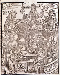 Kunnskabsgrene repræsenteret af Aristoteles (øverst til venstre) repræsenterer Naturfilosofi, med Seneca repræsenterende Moralfilosofi til højre, kejser Justinian (øverst i midten). Kvinden i midten har et sværd og en blomstrende gren, der kommer fra hende